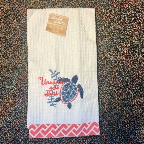 Embroidered Waffle Towel. White Towel with a Turtle & “Unwind at the Beach” - Picture 1 of 6